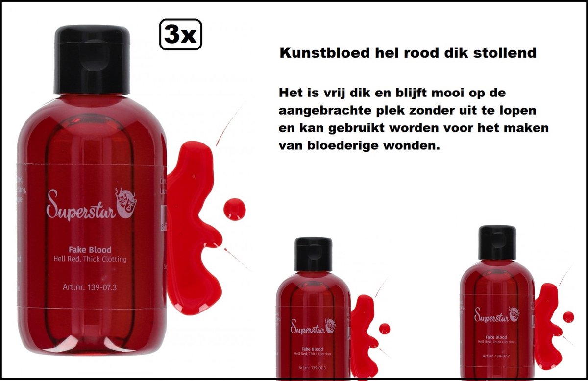 3x Fles kunstbloed hel rood dik stollend 100 ml -   | Halloween | Horror | griezel | festival |themafeest